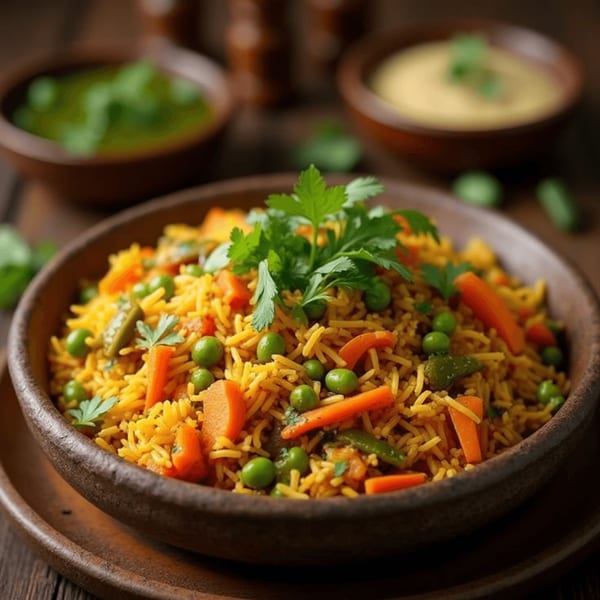 A close-up of a bowl of vegetable biryani with peas, carrots, and cilantro on a wooden table.