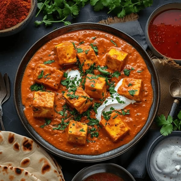 Paneer butter masala with fresh cilantro, sour cream, naan bread, and spices.