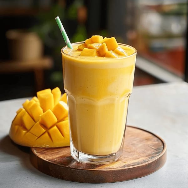 A mango smoothie in a glass with a green straw, topped with mango chunks, next to a carved mango half.