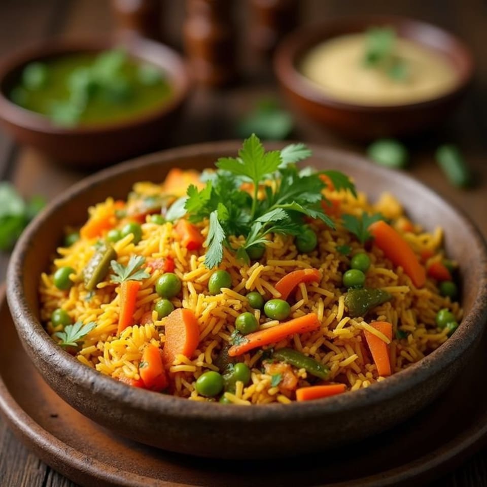 A bowl of yellow rice with peas, carrots, and green beans, garnished with parsley.